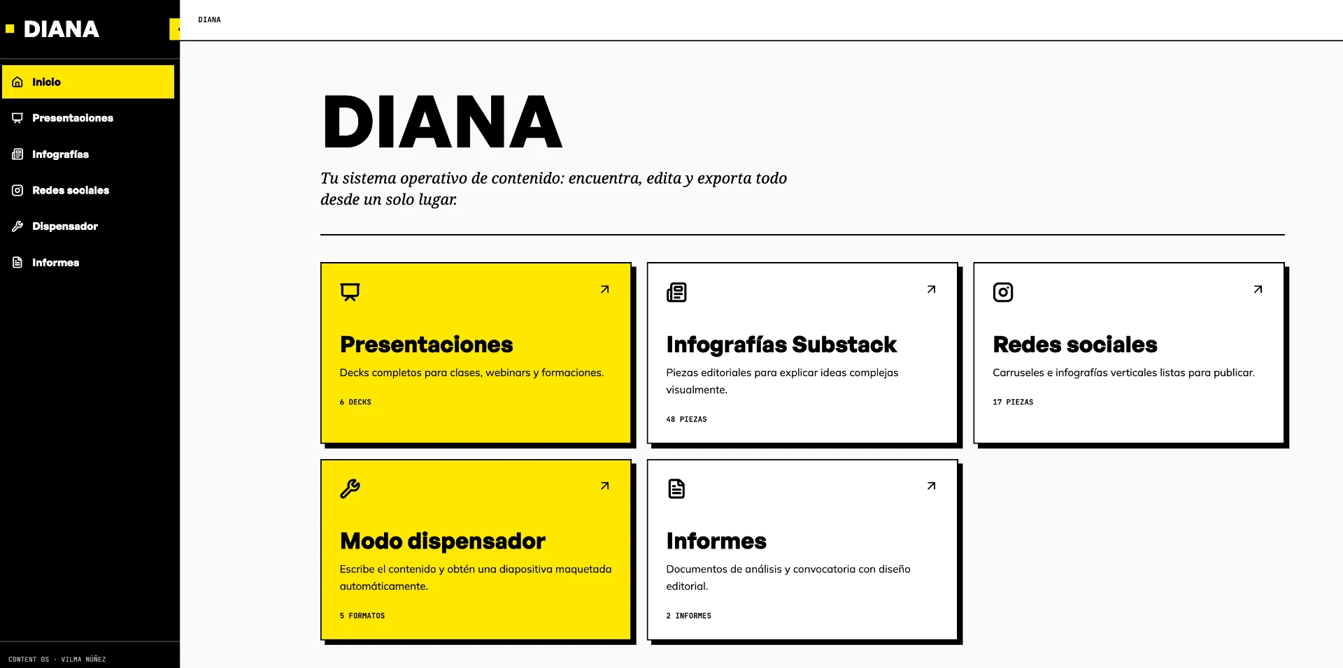 Home de Diana con las secciones del sistema